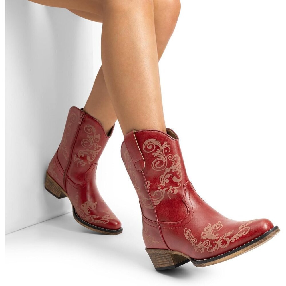 🆕 Red Faux Leather Women's Cowboy Cowgirl Western Ankle Boots Chunky Low Heel - Picture 2 of 7